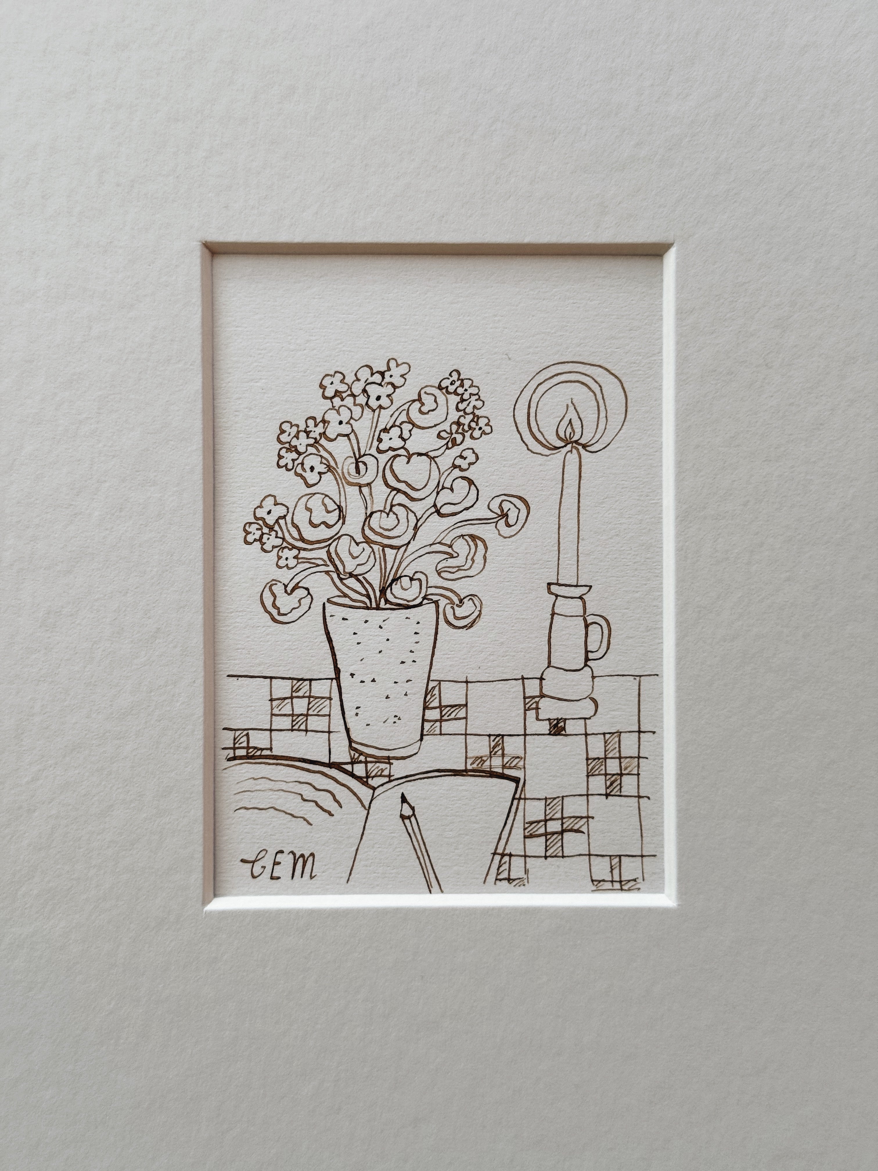 Geranium and Candle: original ink drawing