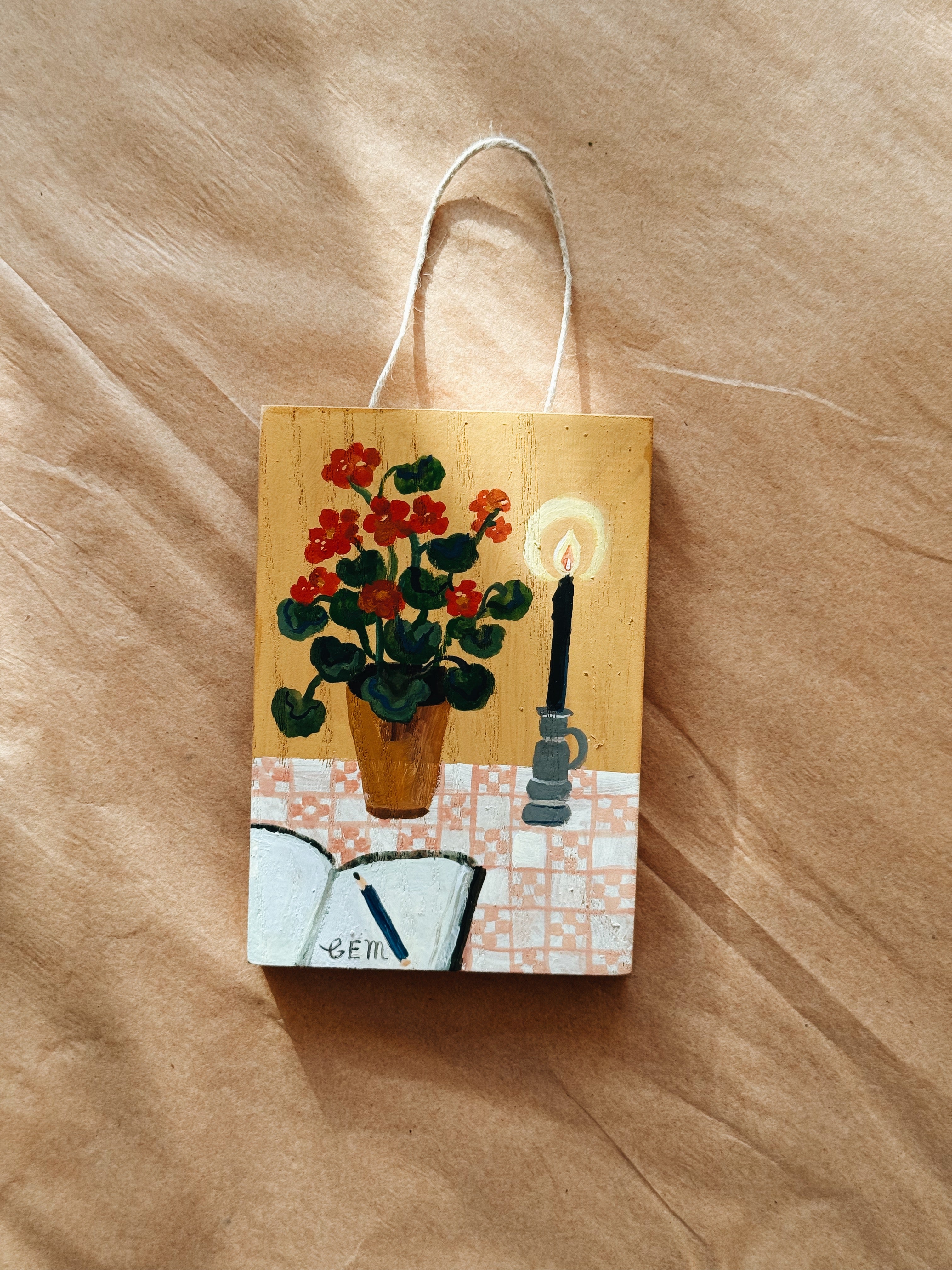 Geraniums and Candle - original painting on wood