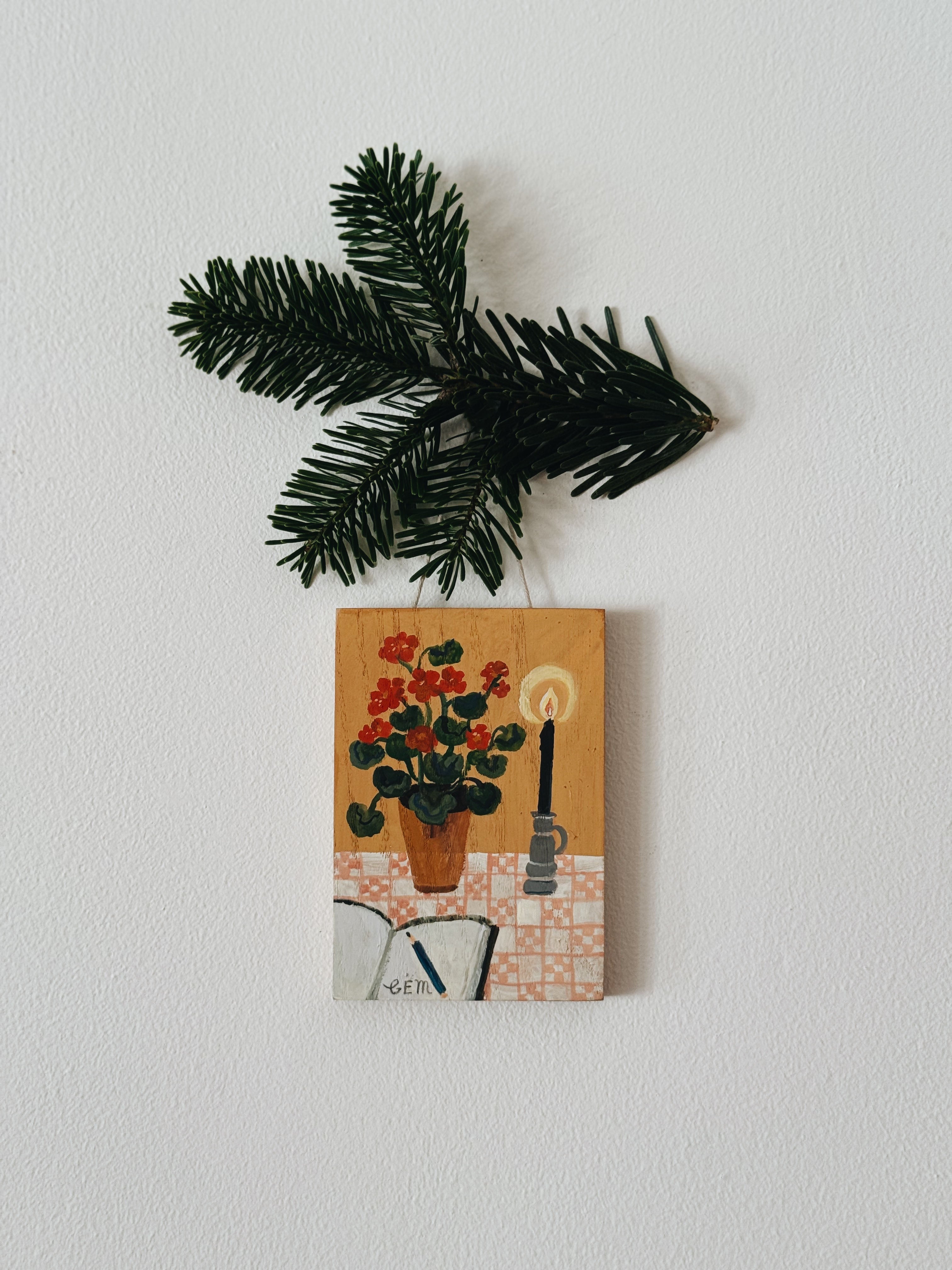 Geraniums and Candle - original painting on wood