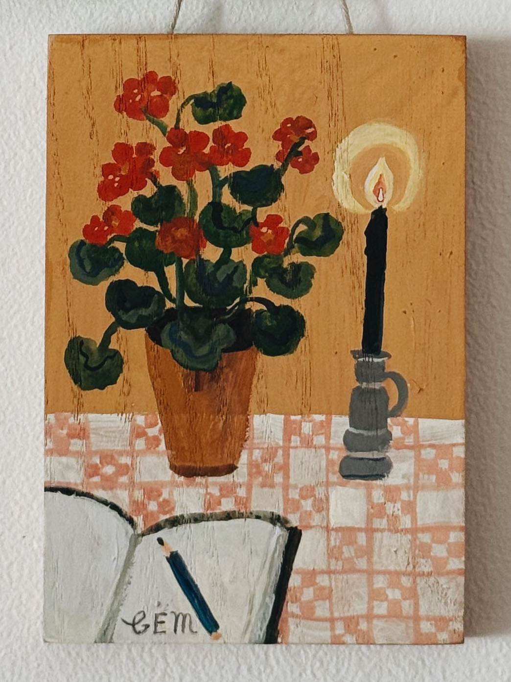 Geraniums and Candle - original painting on wood