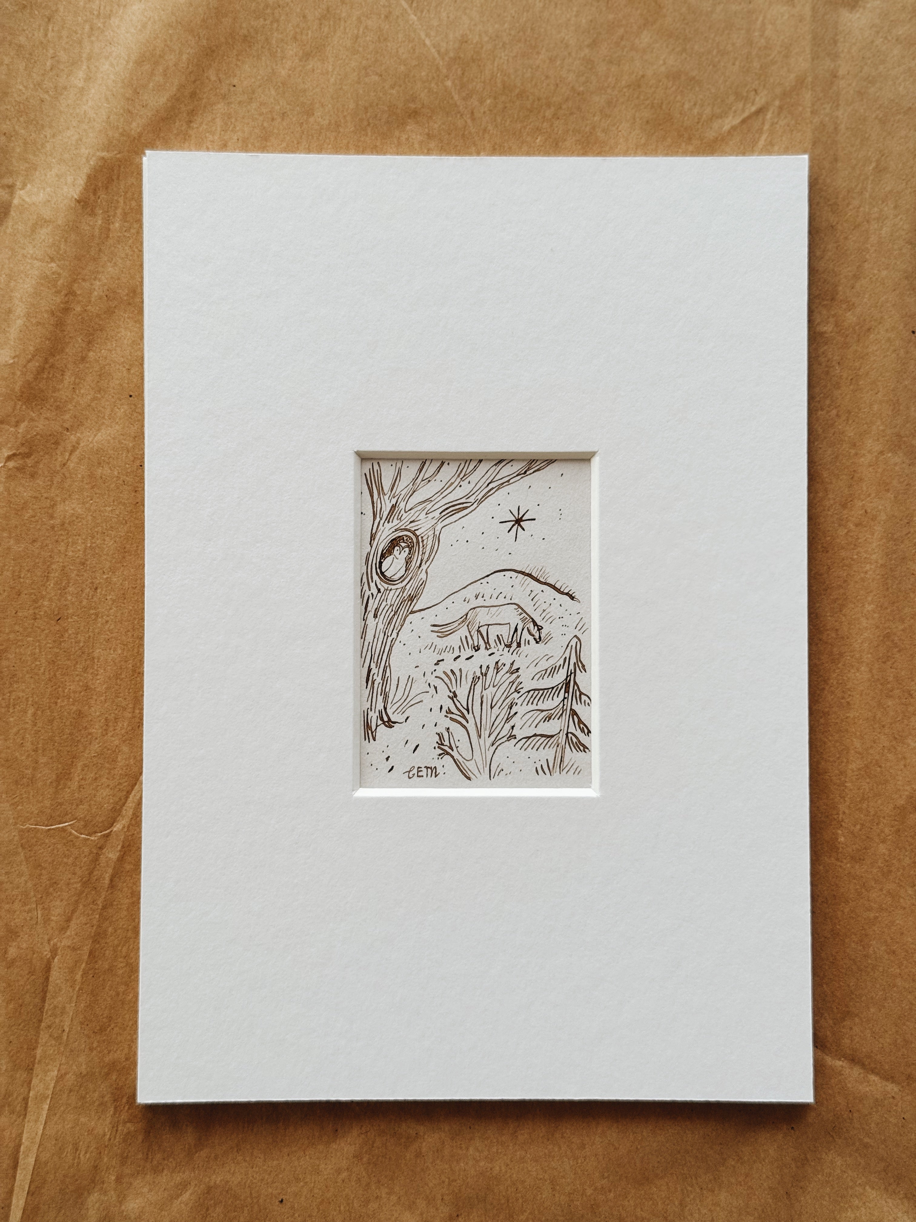 Owl and Pony: original ink drawing