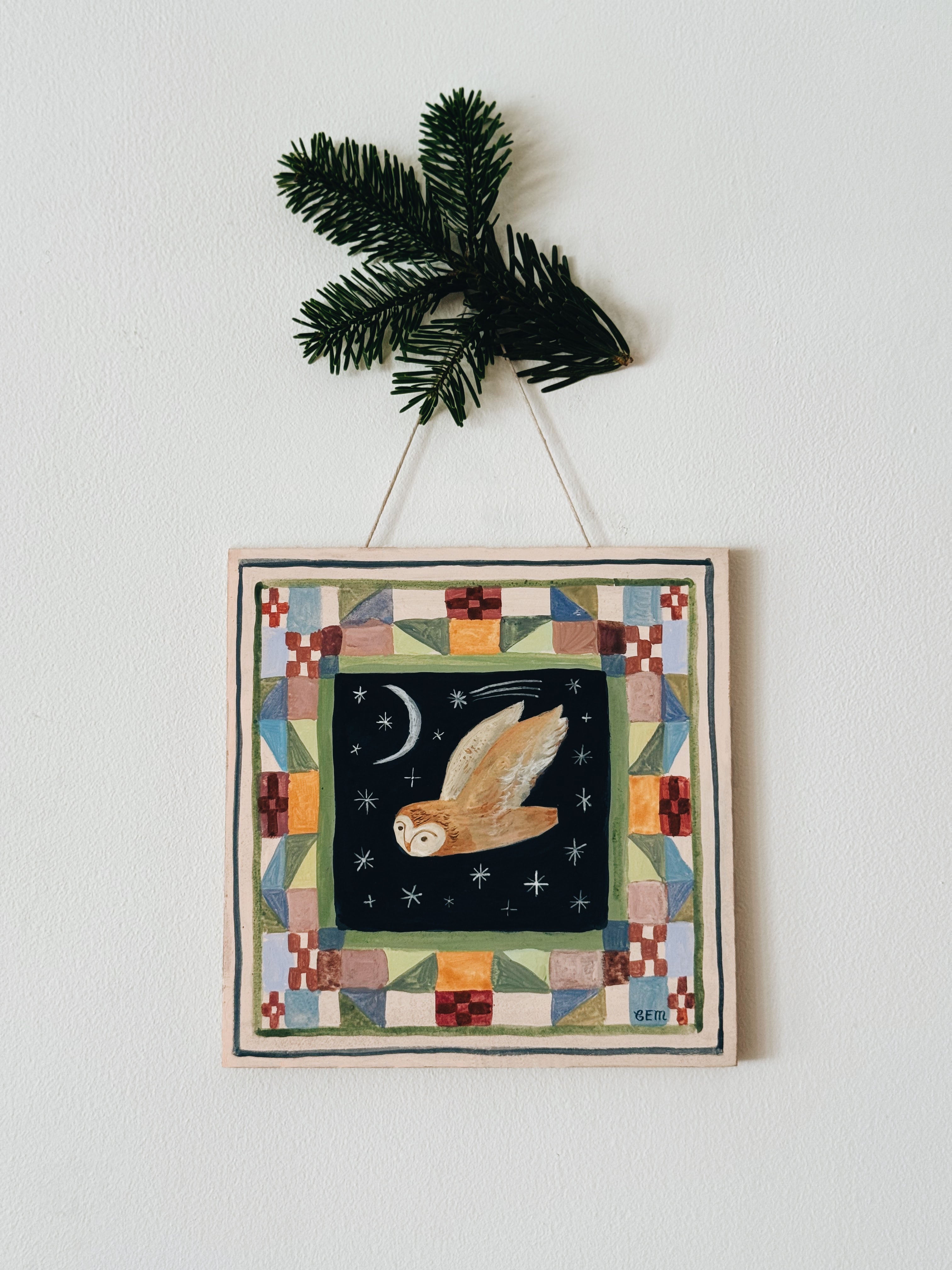 Patchwork Owl - original painting on wood