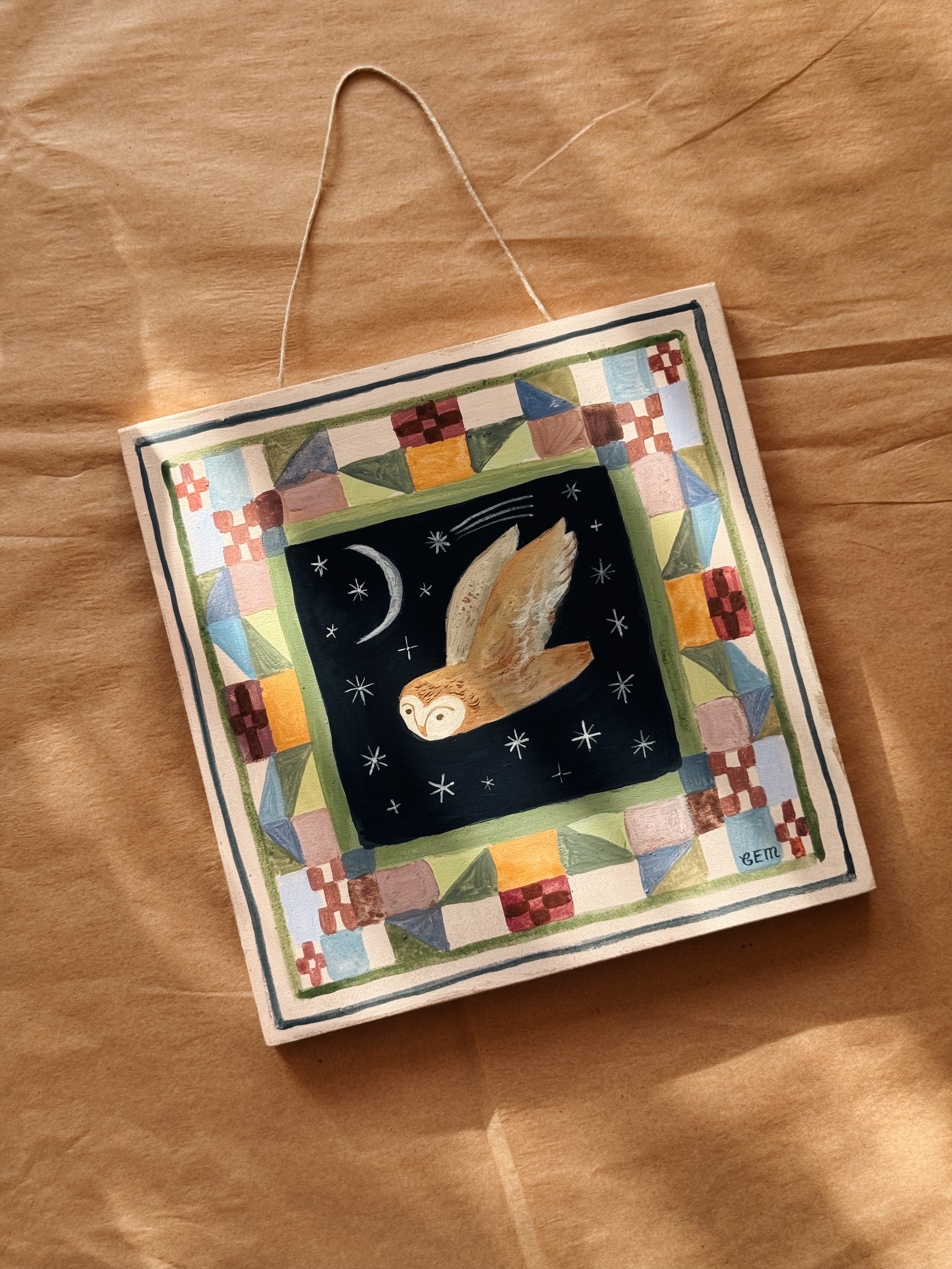 Patchwork Owl - original painting on wood
