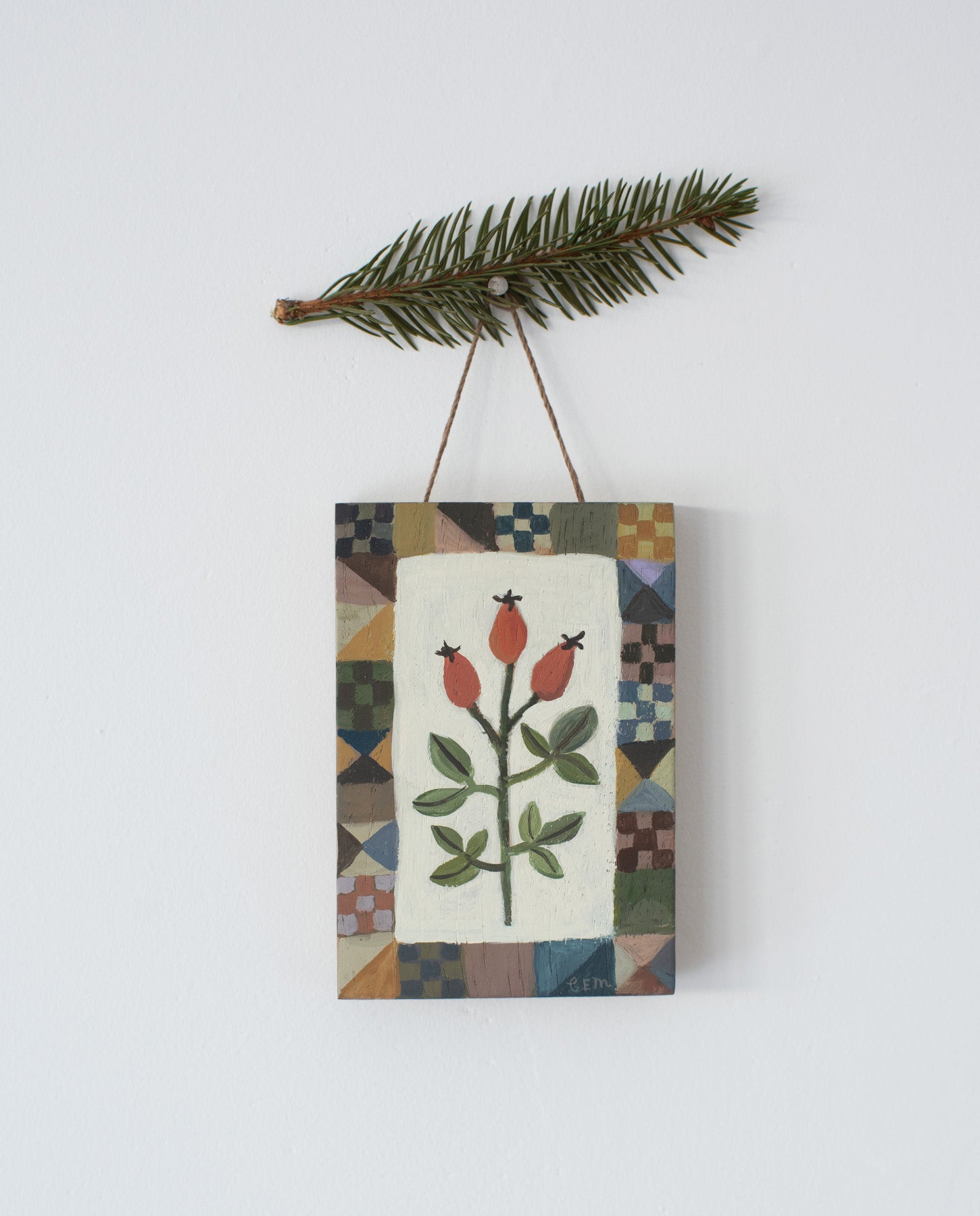 Patchwork Rosehips- original painting on wood