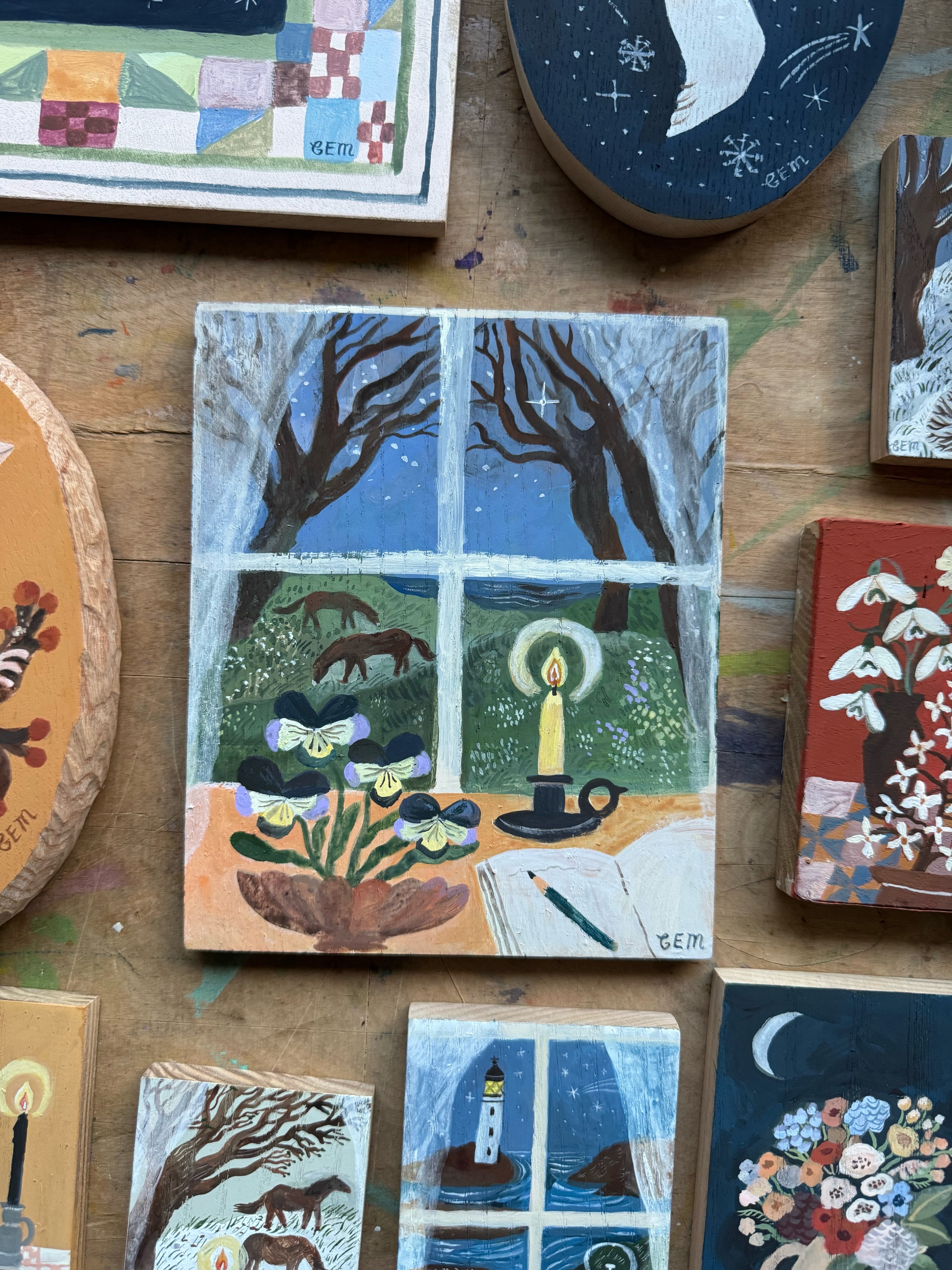 Violas and Candlelight- original painting on wood