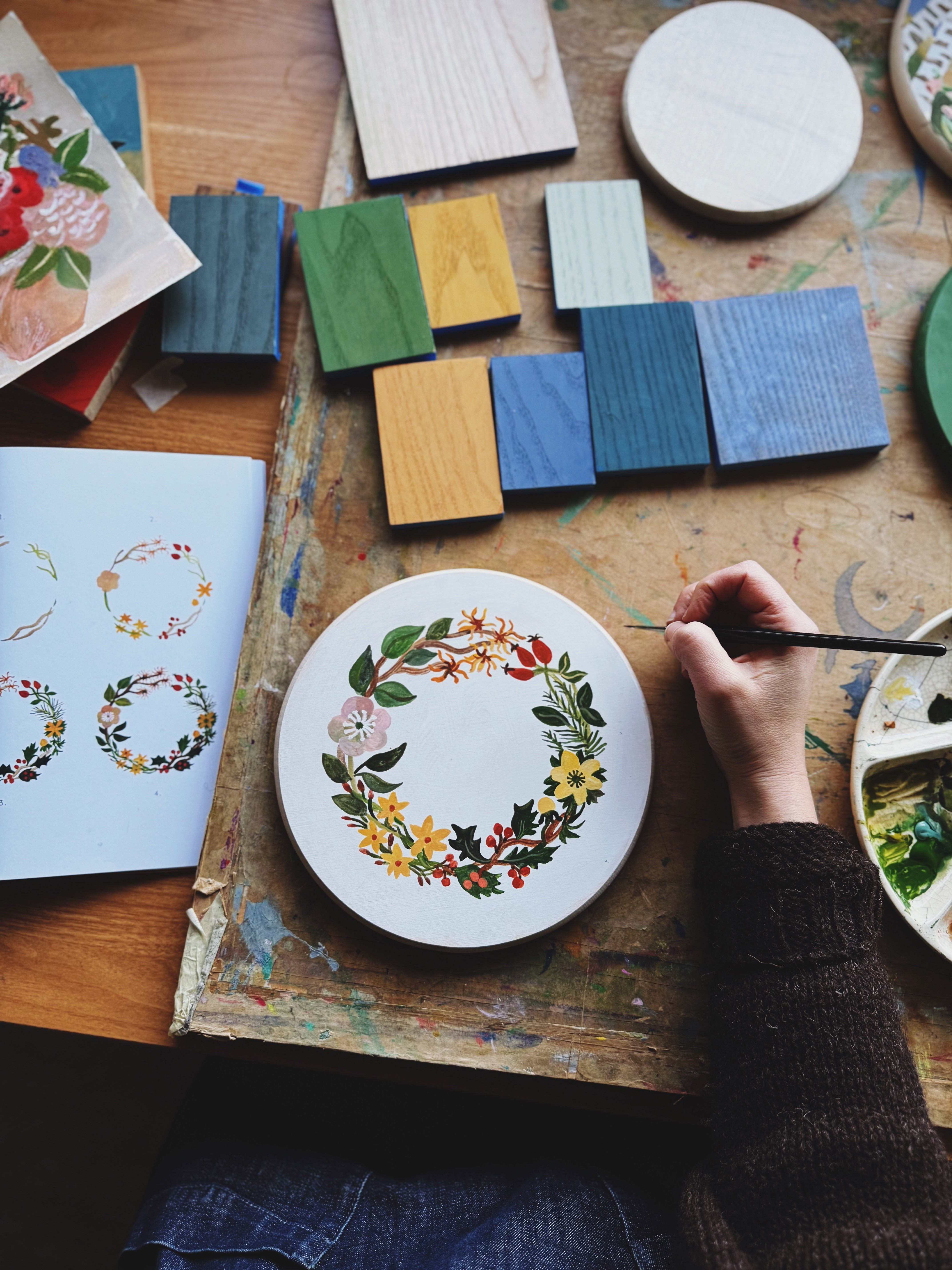 Winter Wreath - original painting on wood