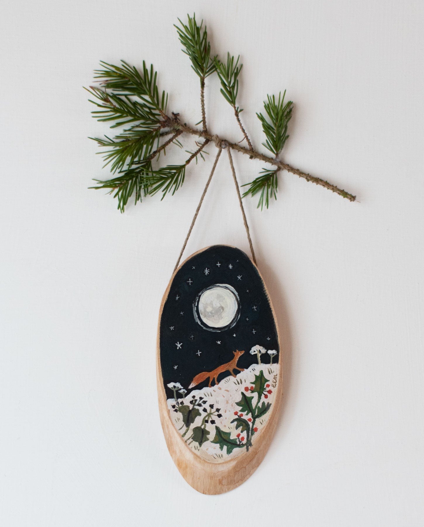 Fox in the Moonlight - original miniature painting on a wooden slice