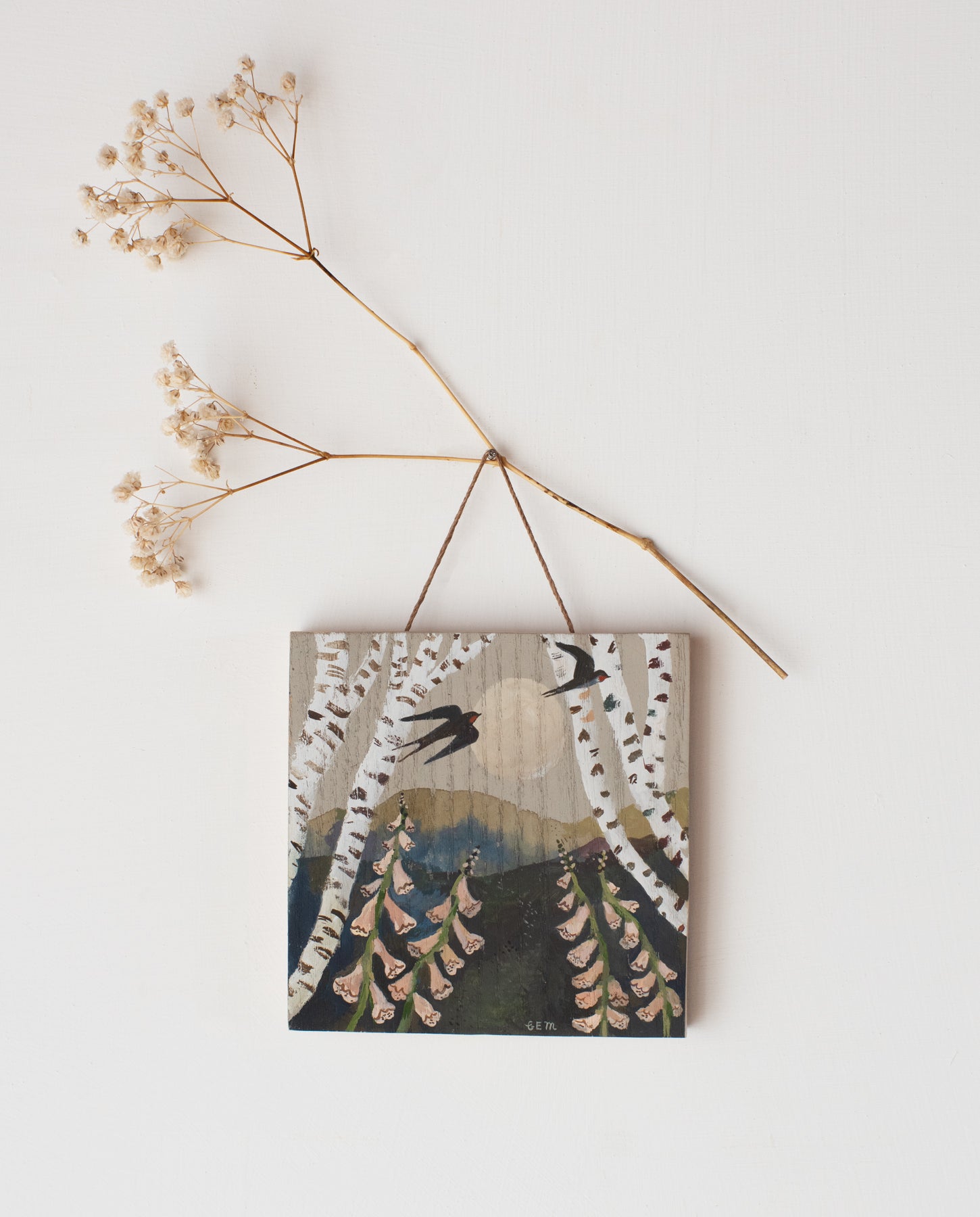 Foxgloves and Swallows - original painting on wood