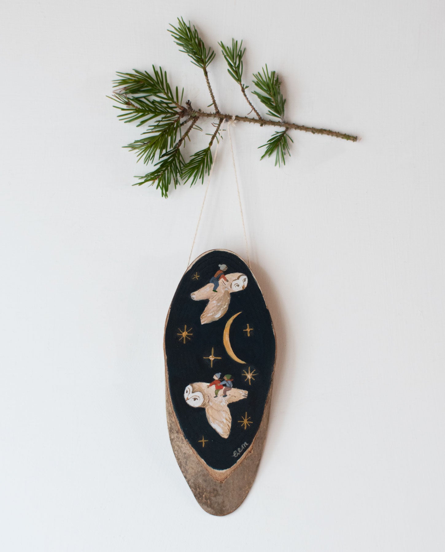 Owl Friends - original miniature painting on a wooden slice