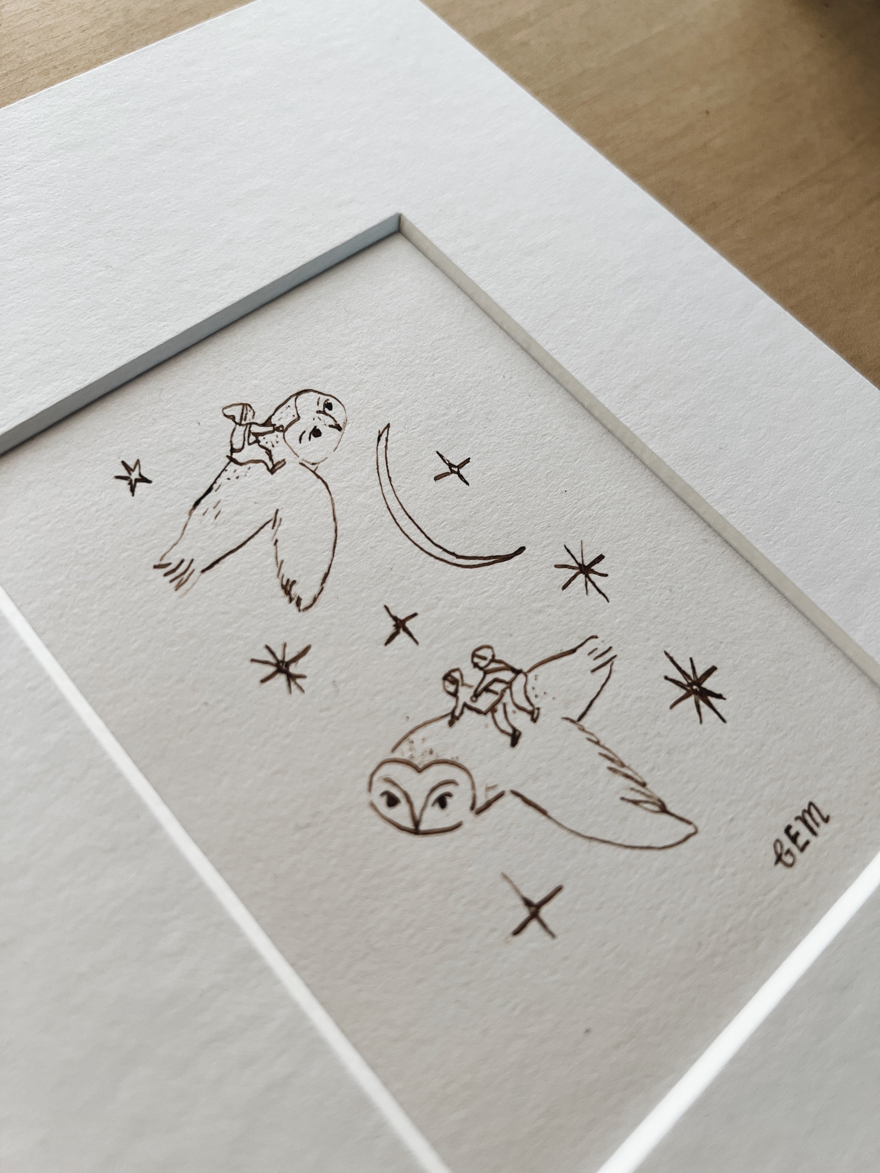 Owl Friends: original ink drawing