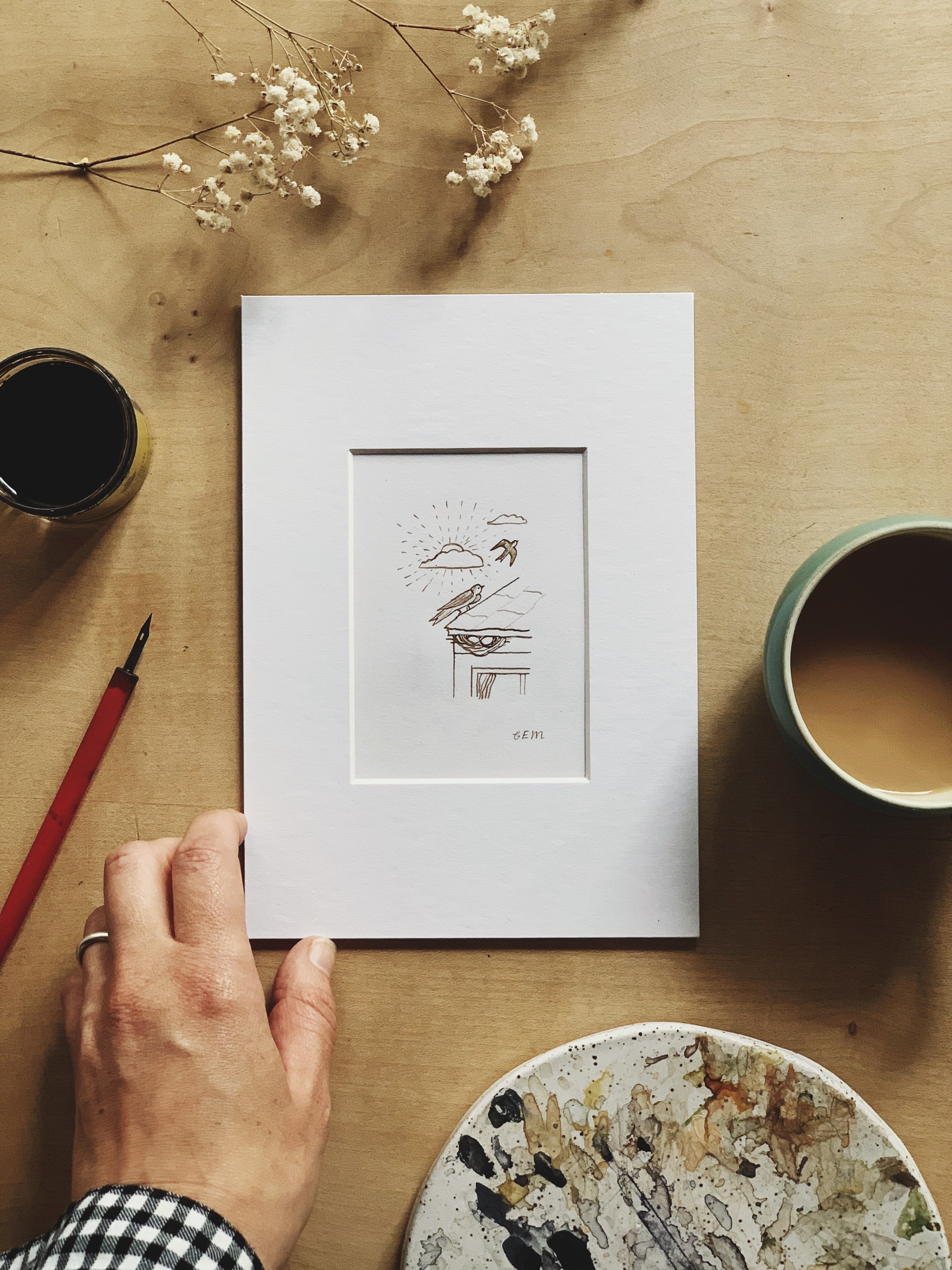 Swallows original ink drawing