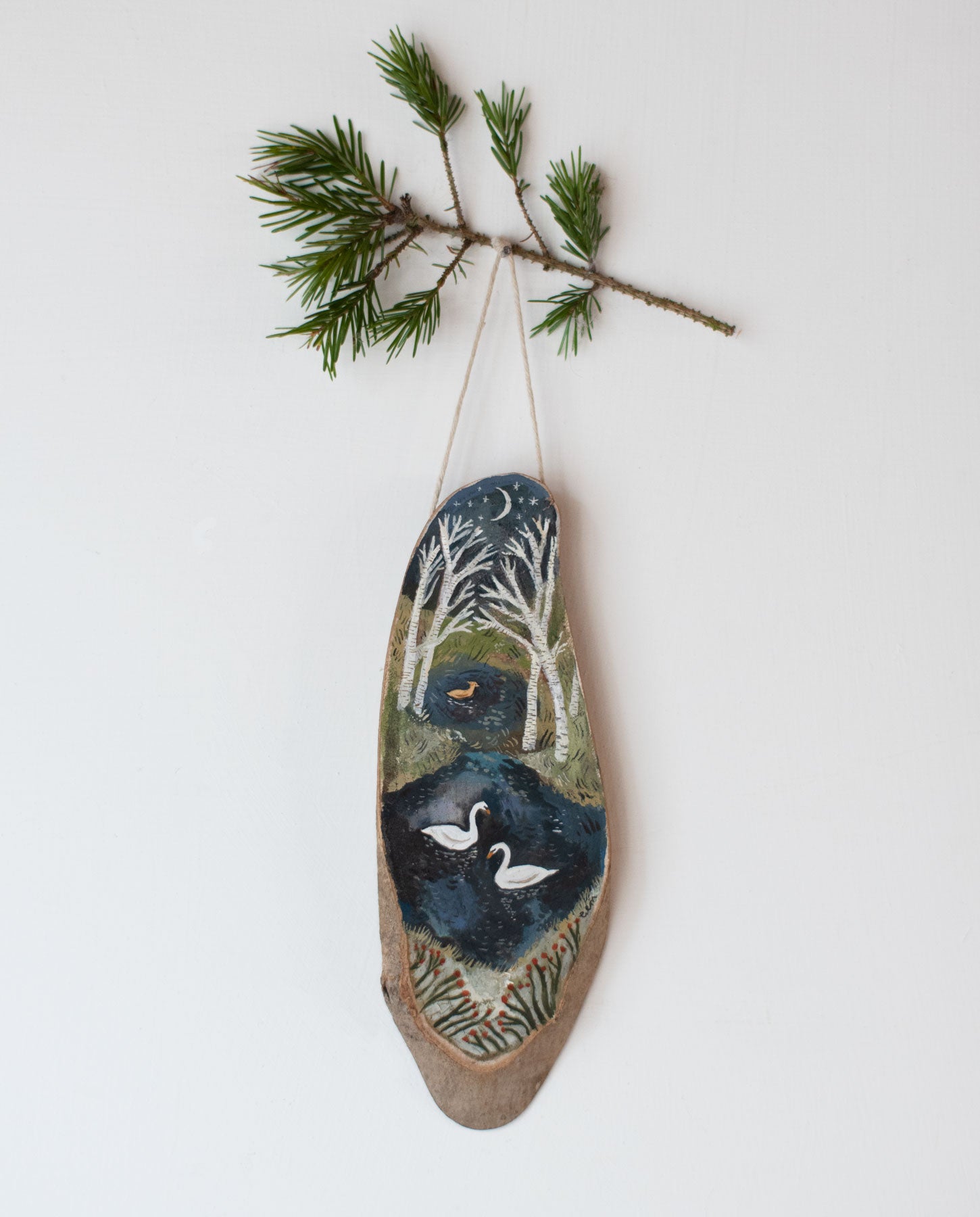 Winter Swans - original miniature painting on a wooden slice