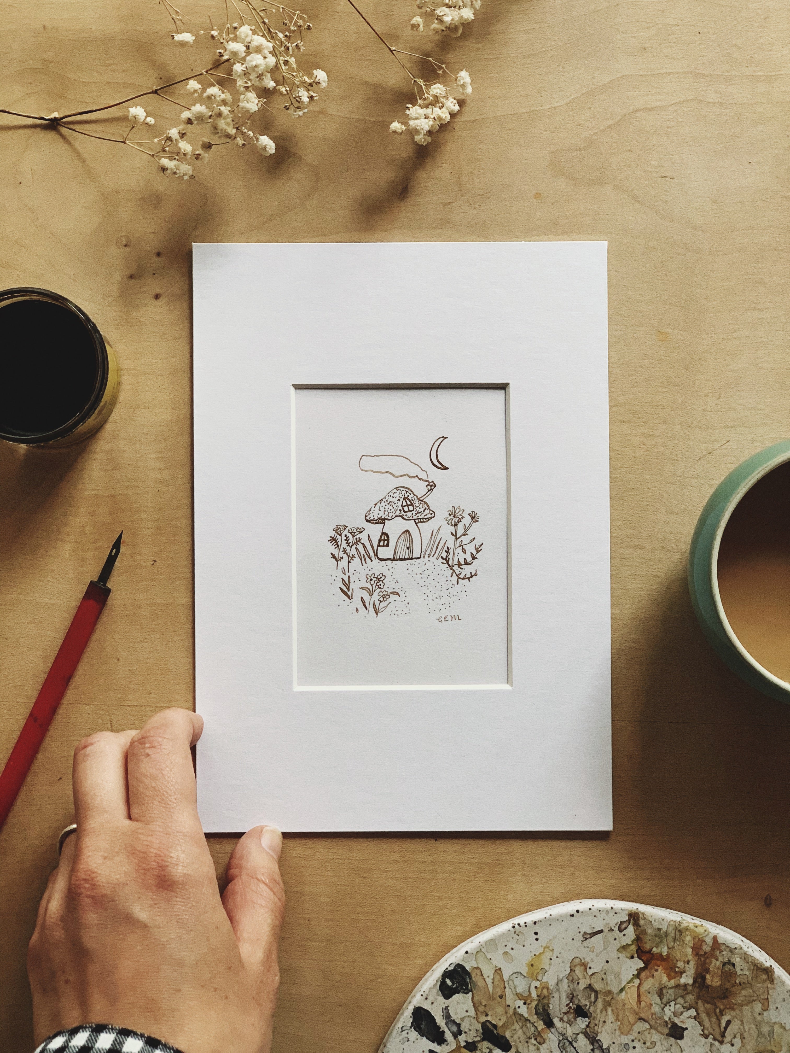 Toadstool cottage original ink drawing
