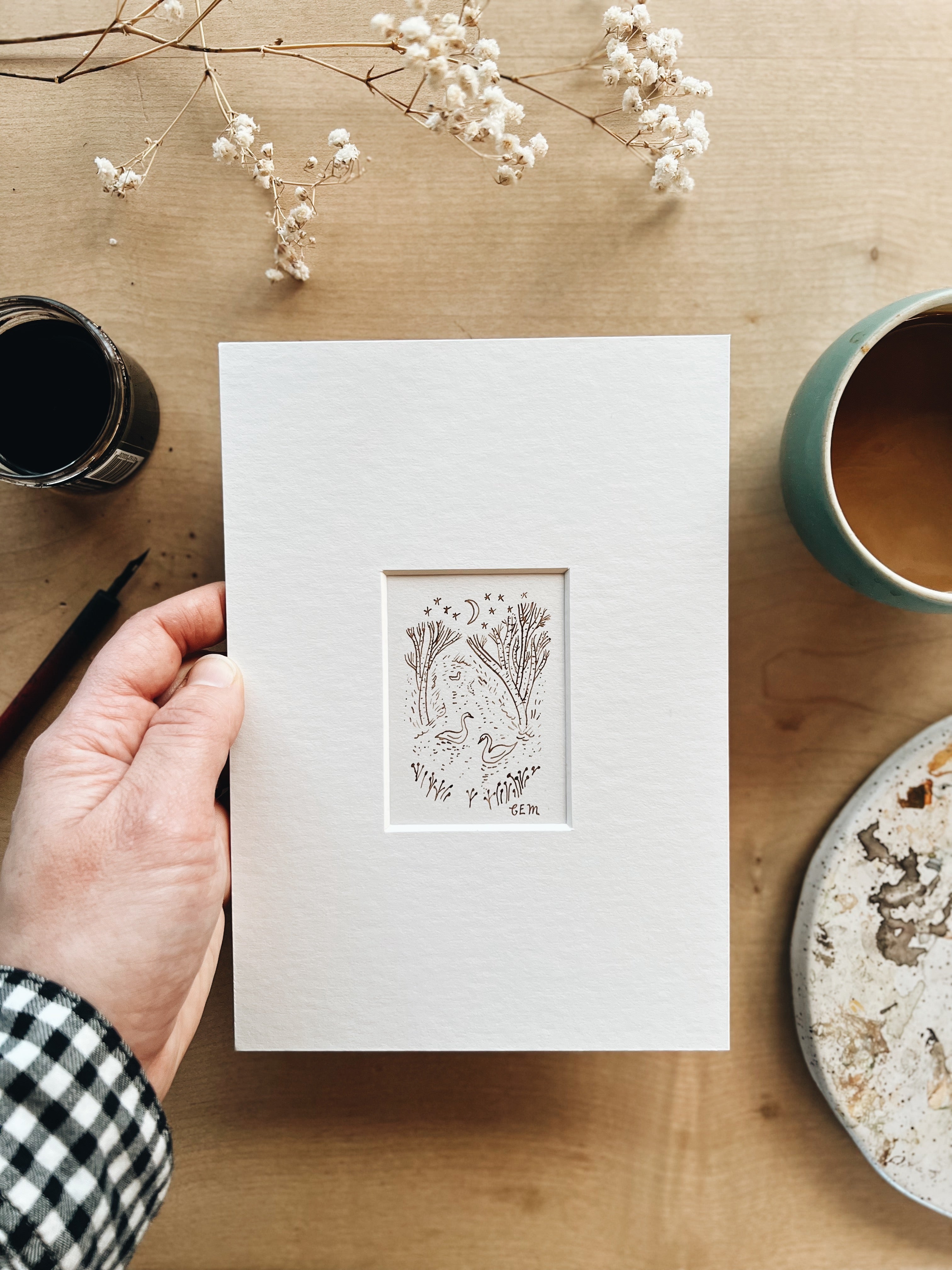 Winter Swans: original ink drawing