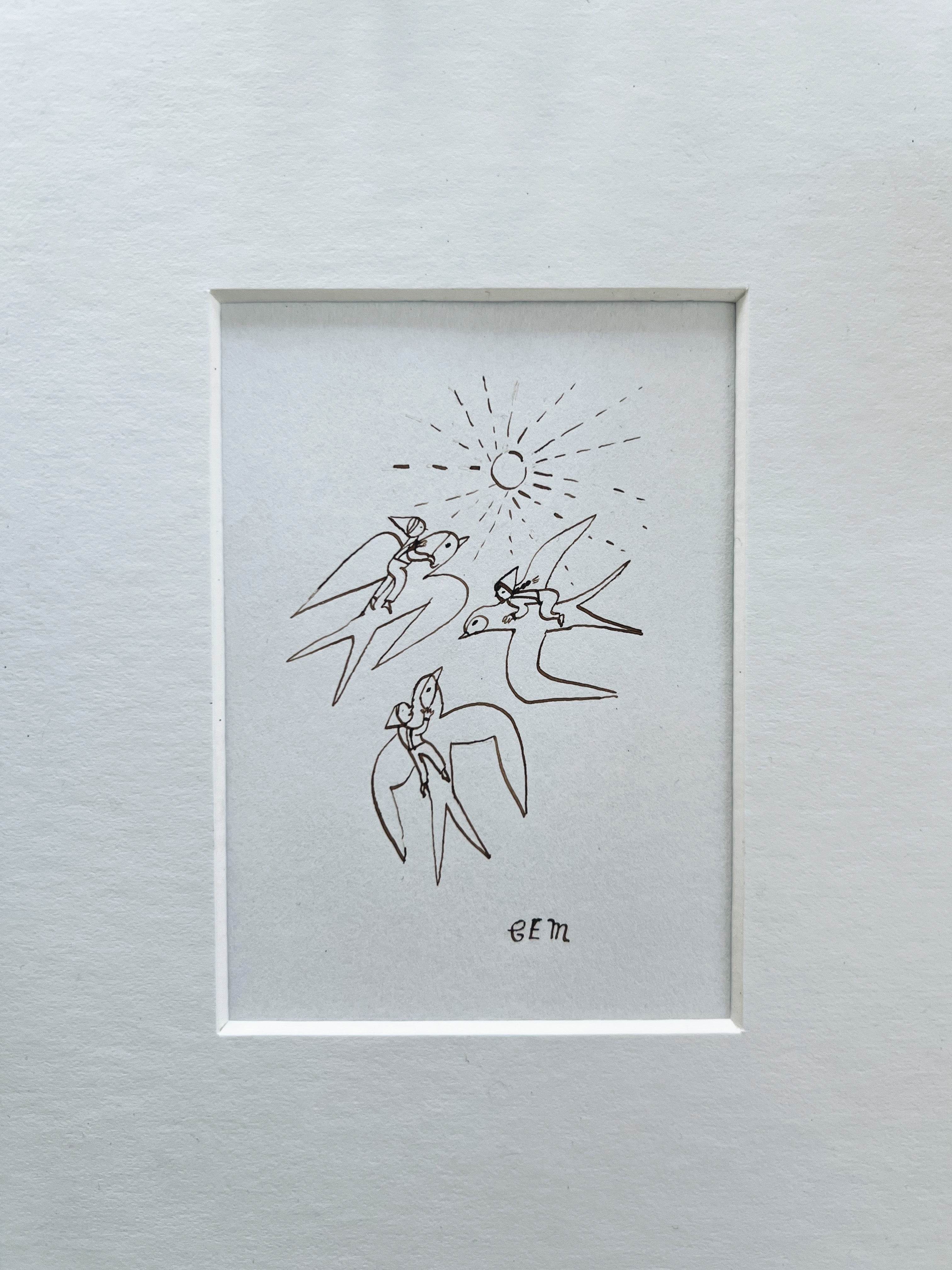 Swallows and Sun: original ink drawing