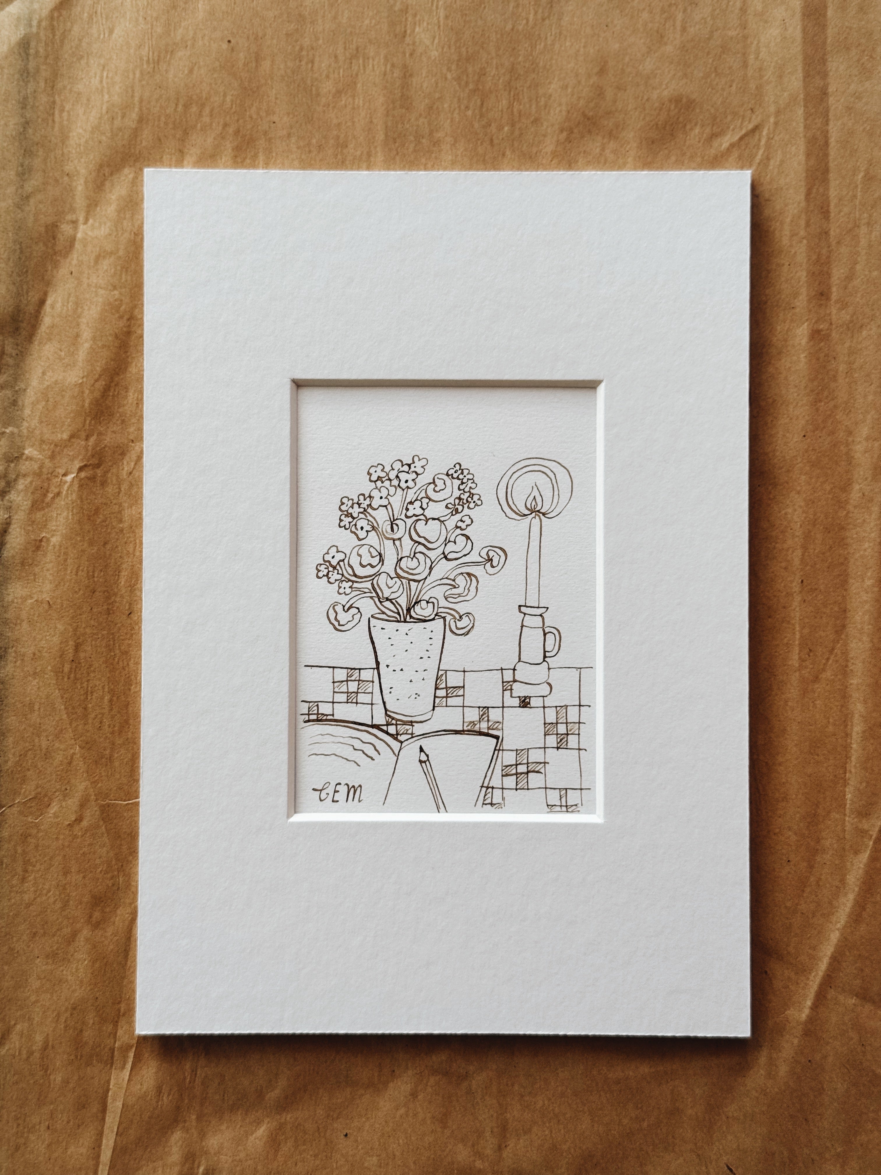 Geranium and Candle: original ink drawing