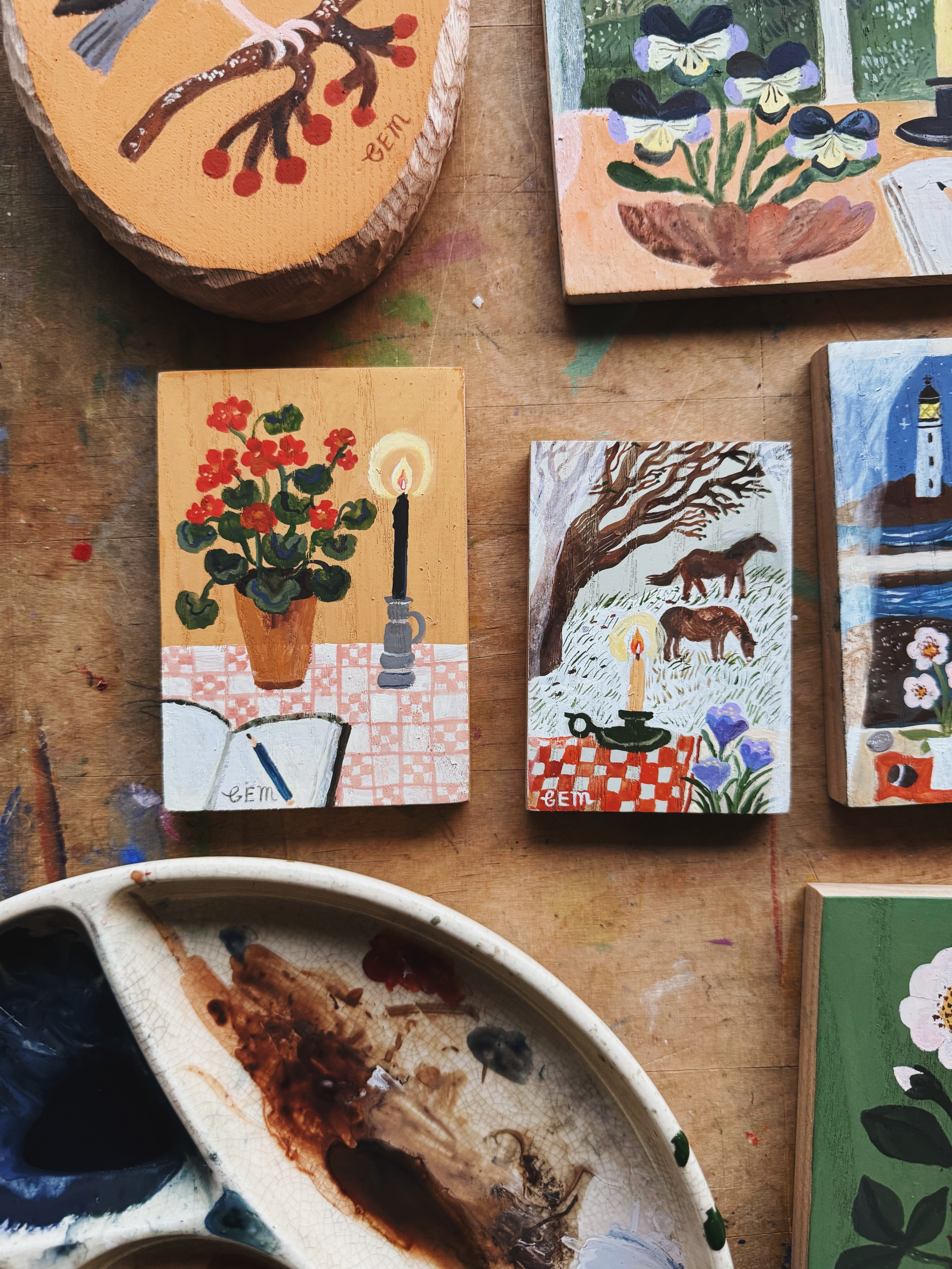 Geraniums and Candle - original painting on wood