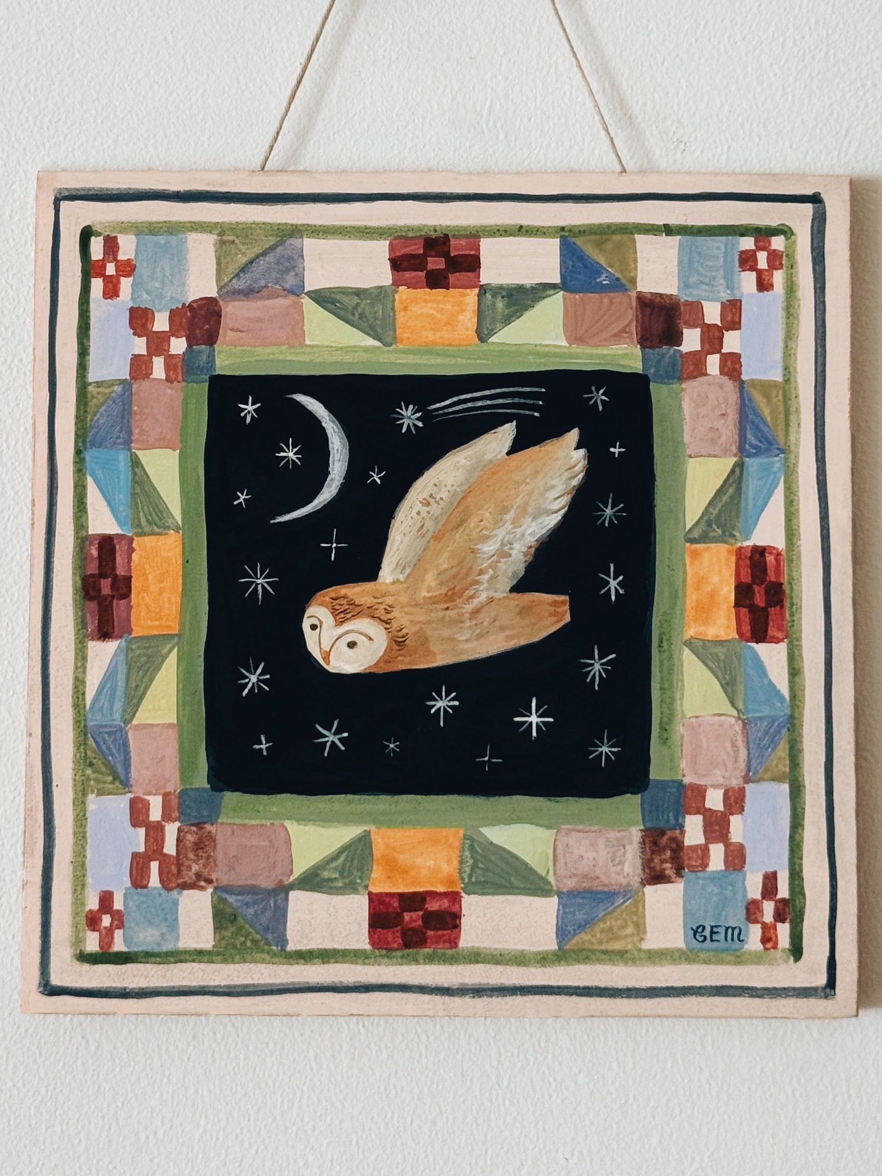 Patchwork Owl - original painting on wood