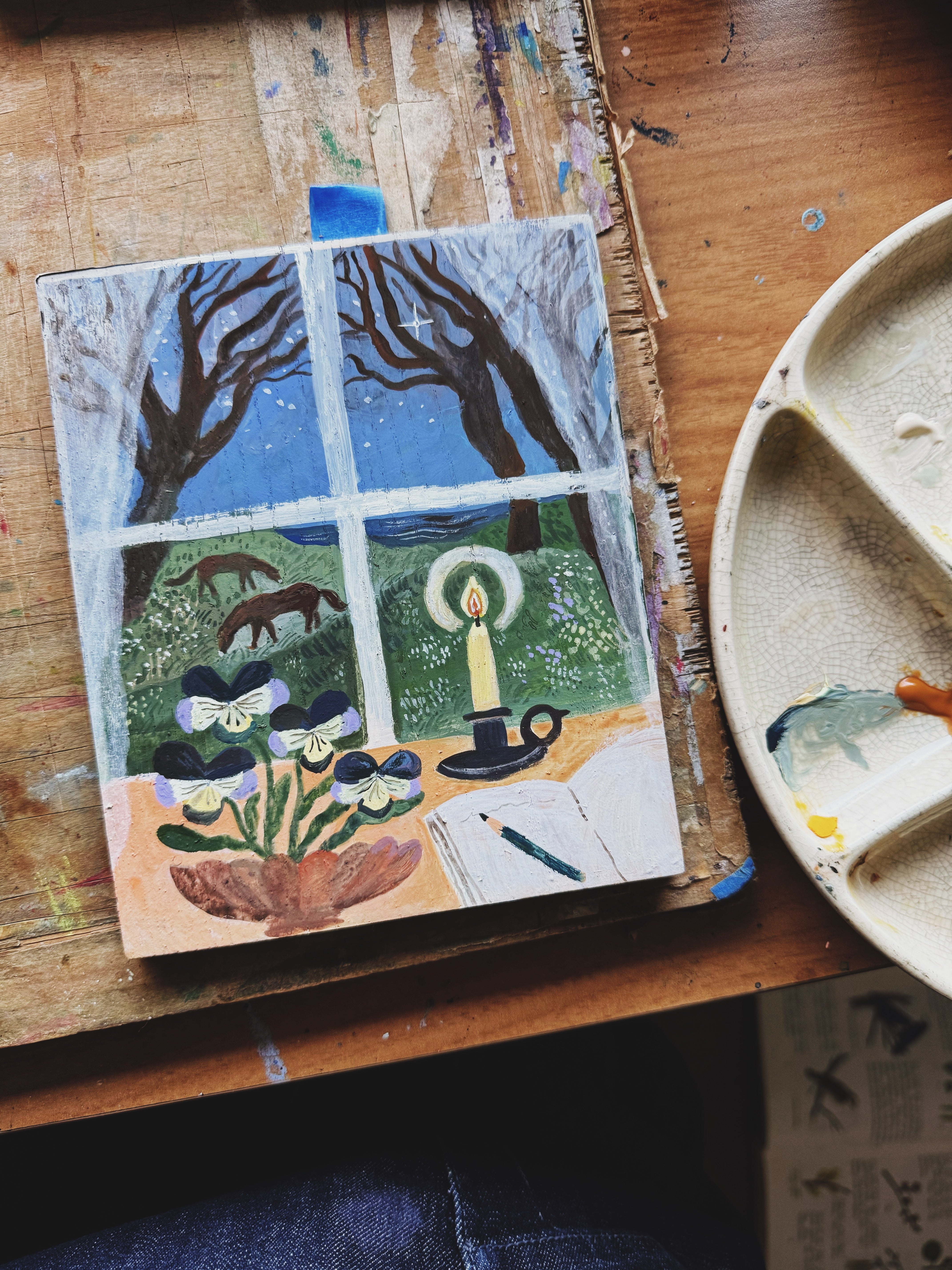 Violas and Candlelight- original painting on wood