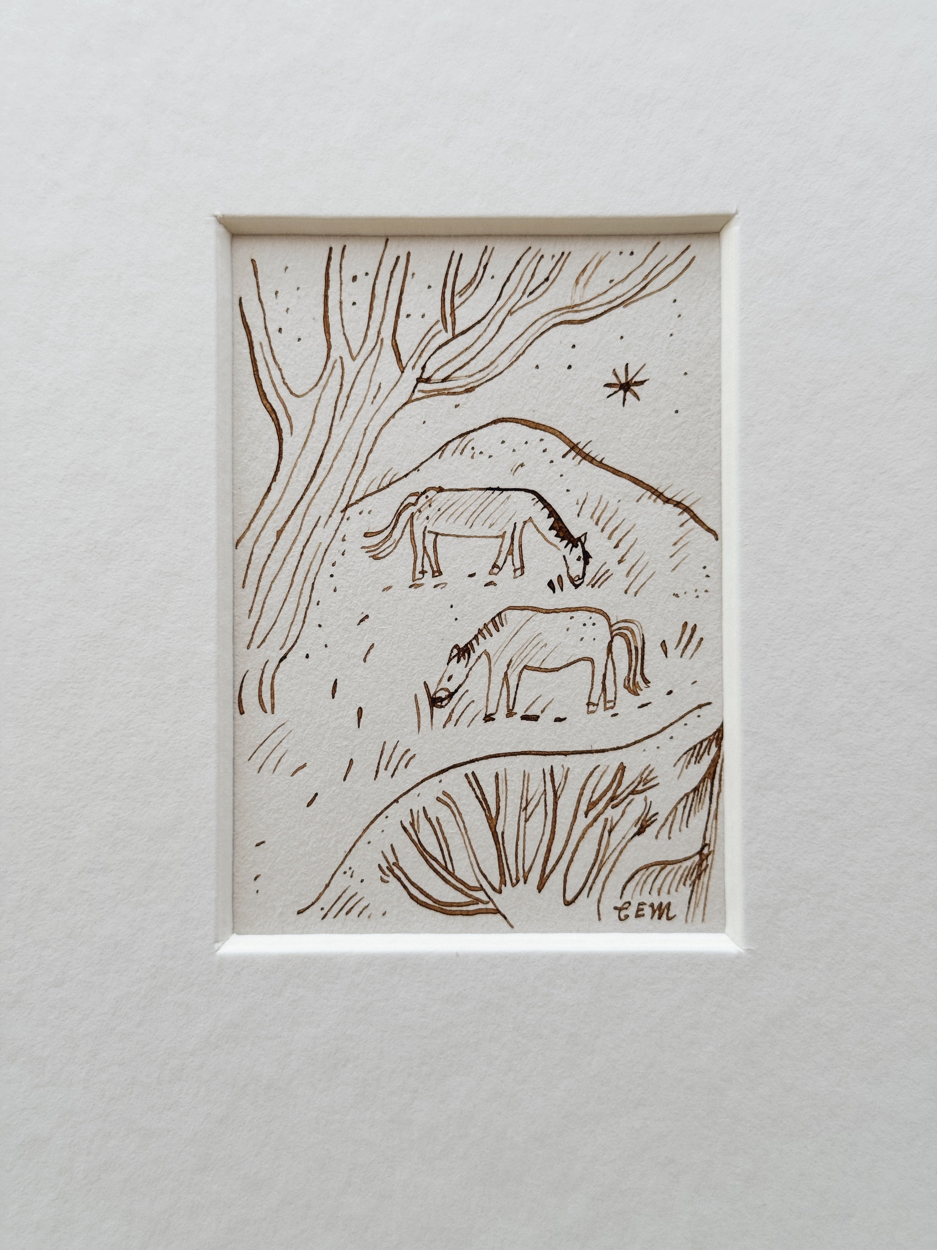Winter Ponies: original ink drawing