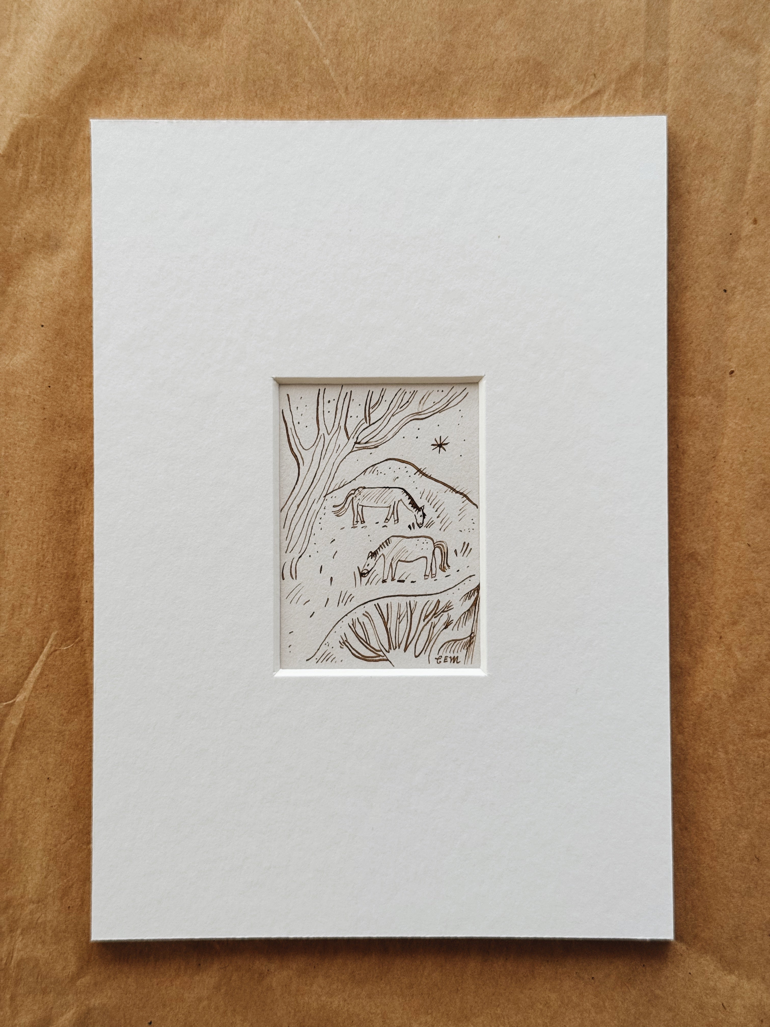 Winter Ponies: original ink drawing