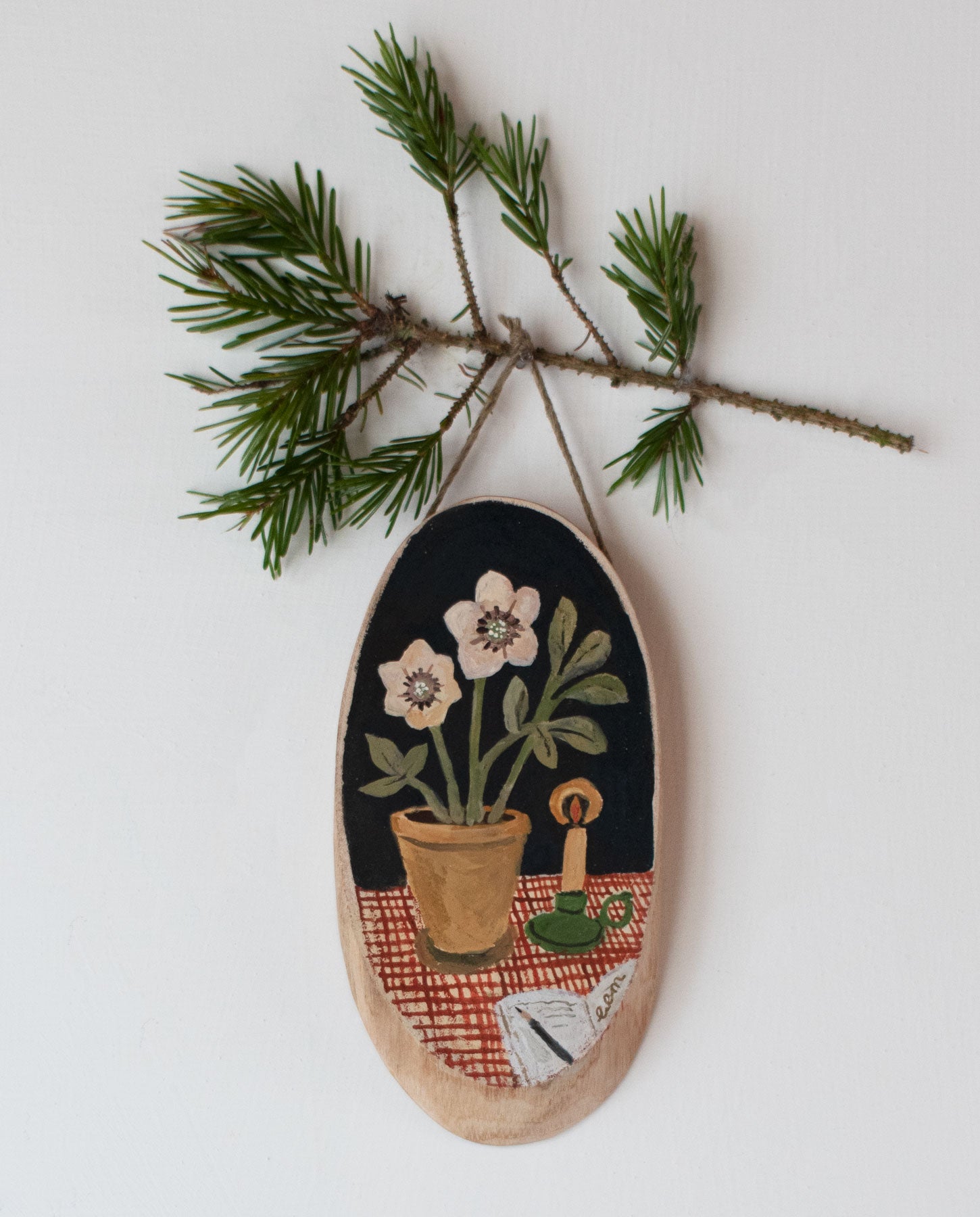 Hellebore and Candle - original miniature painting on a wooden slice