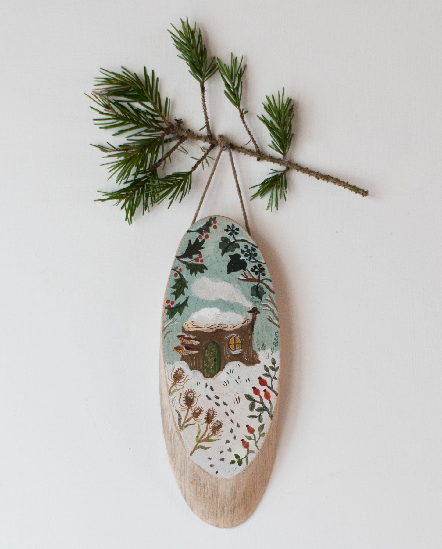 Little Log House - original miniature painting on a wooden slice